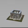 Stone Architectural Model With Square Structure Arched Doorways And Light Blue Roof On Grass Base 3d model