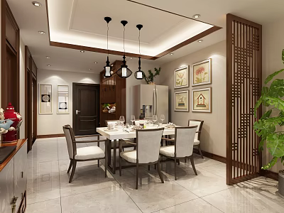 Modern Chinese Dining Room Interior Design With Wooden Screen Pendant Lights And Green Plant 3d model