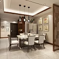Modern Chinese Dining Room Interior Design With Wooden Screen Pendant Lights And Green Plant