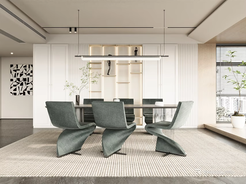 Modern Restaurant Interior With Gray Chairs Dining Table Pendant Lights And Black White Patterned Artwork 3d model