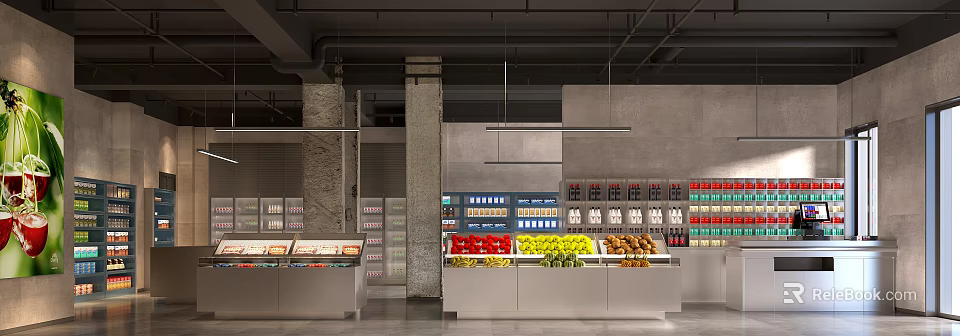 Supermarket Department Store Featuring Fresh Fruits Vegetables and Shelf Grocery Product Displays Modern Layout 3d model 