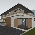 Modern Detached Villa Architectural Design With Glass Windows Wooden Elements And Lawn