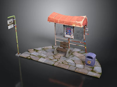 Bus Stop Featuring Red Awning Bench Stone Pavement Lamp Post With Sign And Trash Can 3d model