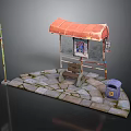 Bus Stop Featuring Red Awning Bench Stone Pavement Lamp Post With Sign And Trash Can