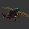 Realistic Beetle With Large Horns Yellow Veined Wings And Crimson Body