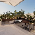 Outdoor Garden Featuring Lush Plants String Lights Grill Station Ocean View Tile Floor And Canopy