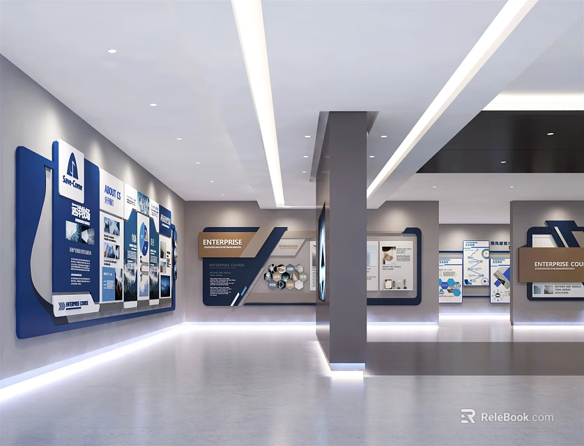 Modern Exhibition Hall Interior Design With Wall Displays Spacious Layout And Lighting 3d model
