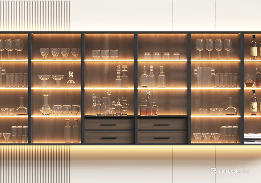 Modern Illuminated Wine Cabinet With Glassware Wine Bottles And Storage Drawers 3d model 