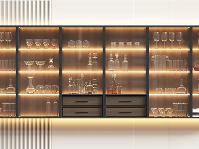 Modern Illuminated Wine Cabinet With Glassware Wine Bottles And Storage Drawers 3d model