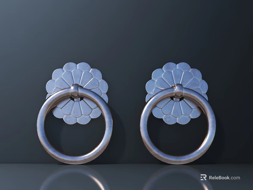 Silver Metal Door Handles With Floral Petal Design On Dark Background 3d model 