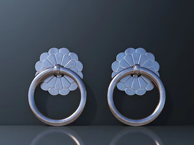 Silver Metal Door Handles With Floral Petal Design On Dark Background 3d model