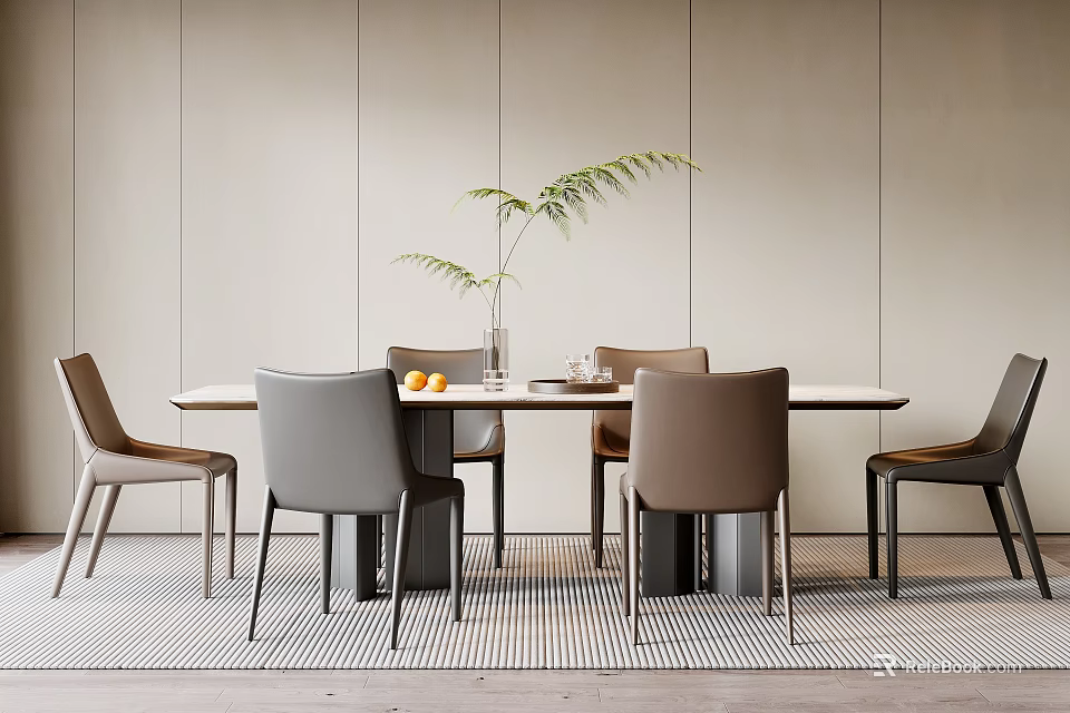 Modern Minimalist Dining Table Set With Neutral Chairs Decorative Vase And Green Plant 3d model 