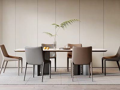 Modern Minimalist Dining Table Set With Neutral Chairs Decorative Vase And Green Plant 3d model