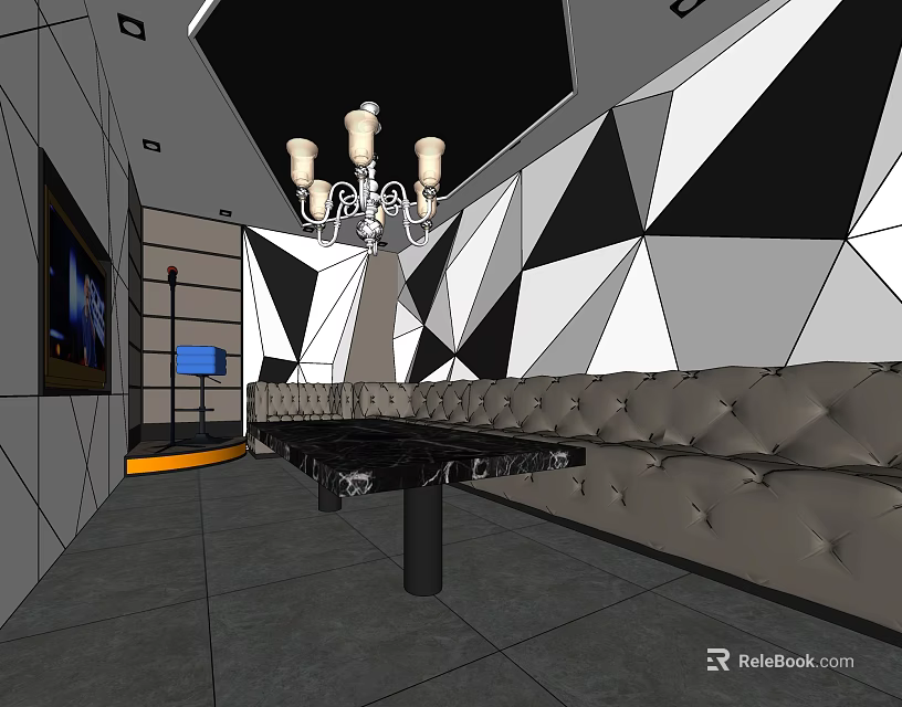 Modern KTV Lounge Interior With Geometric Wall Design Chandelier Gray Sofa And TV Screen 3d model 