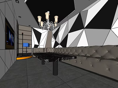 Modern KTV Lounge Interior With Geometric Wall Design Chandelier Gray Sofa And TV Screen 3d model