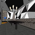 Modern KTV Lounge Interior With Geometric Wall Design Chandelier Gray Sofa And TV Screen