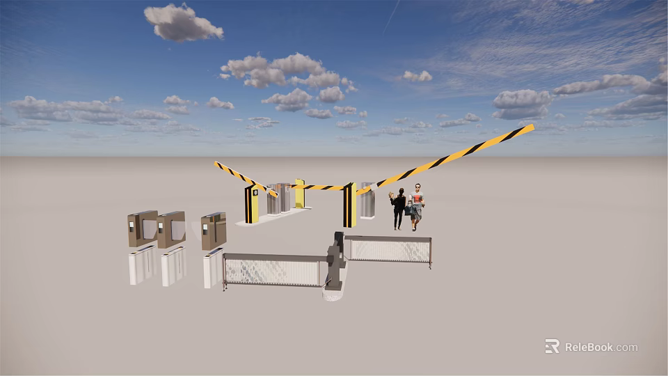 Public Facility Access Control System With Turnstiles And Yellow Black Striped Barriers 3d model