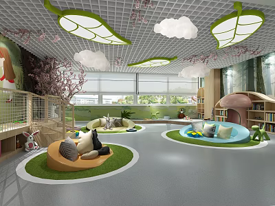 Kindergarten Interior with Leaf Shaped Ceiling Lights Cloud Decor Circular Seating and Green Grass Mats 3d model