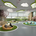 Kindergarten Interior with Leaf Shaped Ceiling Lights Cloud Decor Circular Seating and Green Grass Mats