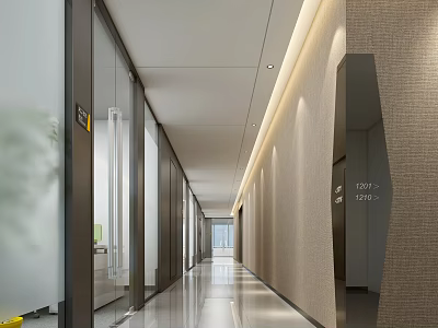 Modern Office Corridor With Glass Doors Textured Walls Recessed Lighting Office Doors And Smooth Floor 3d model