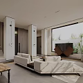 Modern Living Room Interior With White Sofa Wooden Coffee Table Bookshelves And Green Plants