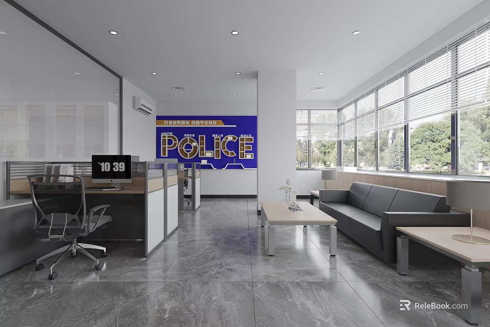 Modern Office Interior With Sofa Desk Chair And Large Windows Design 3d model 