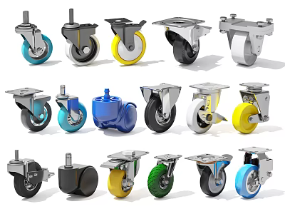 Colorful Swivel Caster Tires with Various Wheel Colors and Sturdy Metal Brackets 3d model