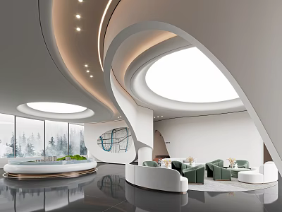 Modern Sales Office With Curved Ceiling Circular Skylights Floor To Ceiling Windows And Lounge Area 3d model