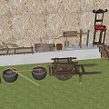 Artistic Garden Accents Display With Wooden Cart Tools And Decorative Pots