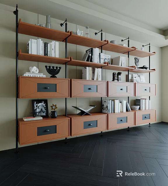 Modern Bookcase With Black Metal Frames Multiple Wooden Shelves Drawers Books And Decorations 3d model 