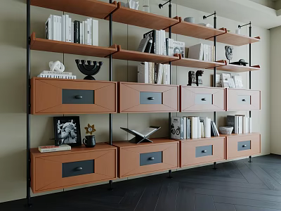 Modern Bookcase With Black Metal Frames Multiple Wooden Shelves Drawers Books And Decorations 3d model