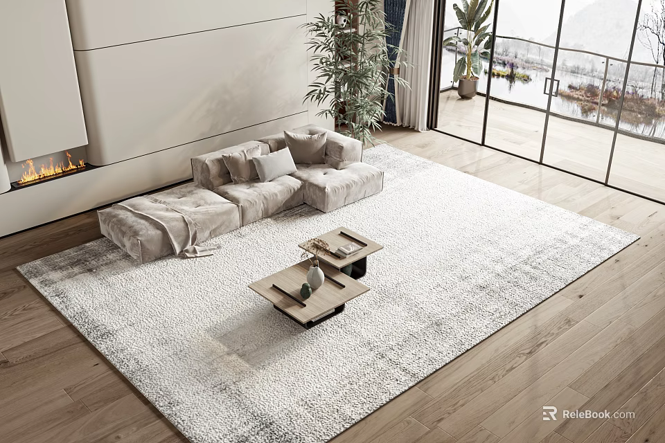 Modern Living Room Sofa And Coffee Table Set With Soft Rug And Indoor Plant 3d model 