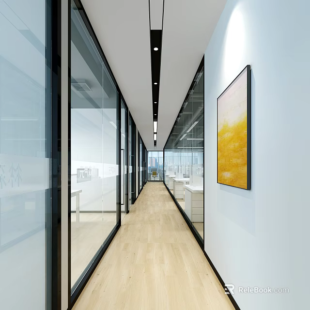 Modern Office Corridor With Glass Partitions Wooden Flooring Ceiling Lighting And Wall Art 3d model 