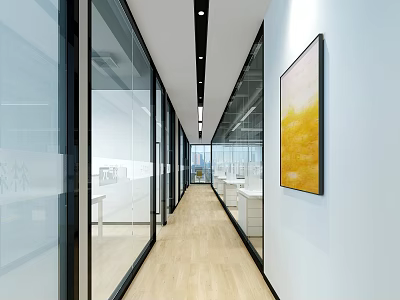 Modern Office Corridor With Glass Partitions Wooden Flooring Ceiling Lighting And Wall Art 3d model