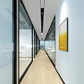Modern Office Corridor With Glass Partitions Wooden Flooring Ceiling Lighting And Wall Art
