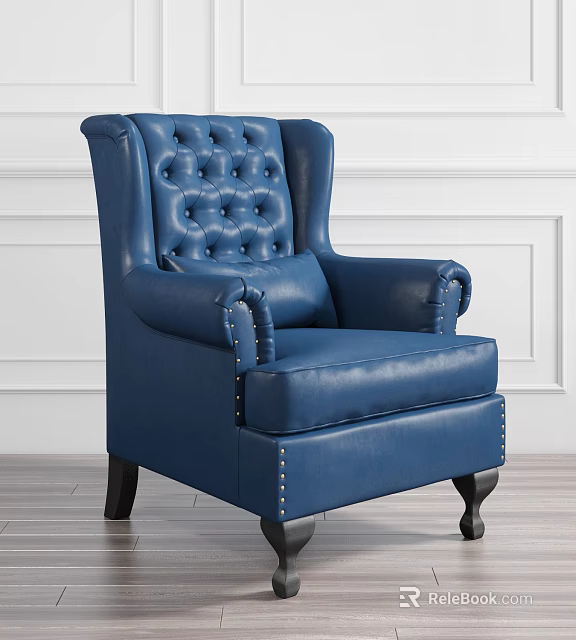 Blue Leather Wingback Armchair With Tufted Design And Wooden Legs For Living Room Decor 3d model 