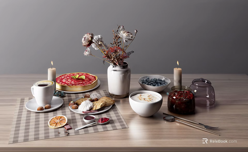 Fresh Tasty Breakfast Foods With Strawberry Cake Blueberries Coffee And Jam On Wooden Table 3d model 