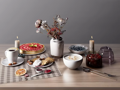 Fresh Tasty Breakfast Foods With Strawberry Cake Blueberries Coffee And Jam On Wooden Table 3d model