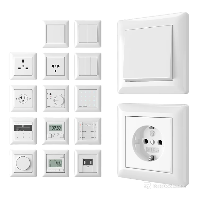 Modern White Switch Panels with Various Socket and Control Designs for Home Use 3d model 