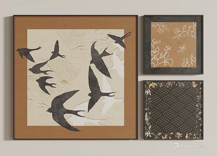 Decorative Paintings With Swallow Floral And Geometric Patterns In Brown Black Frames 3d model 