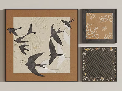 Decorative Paintings With Swallow Floral And Geometric Patterns In Brown Black Frames 3d model