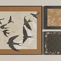 Decorative Paintings With Swallow Floral And Geometric Patterns In Brown Black Frames