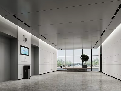 Modern Elevator Lobby Design With Digital Screen Potted Plant And Large Windows 3d model