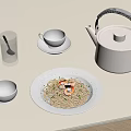 Elegant Table Setting With White Teapot Gray Cups Milk Glass And Shrimp Pasta