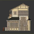 Traditional Japanese Two Story Building With Black Roof Wooden Shop Front And Red Stall