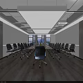 Modern Conference Room With Long Table Multiple Gray Chairs And Projector Screen 3d model