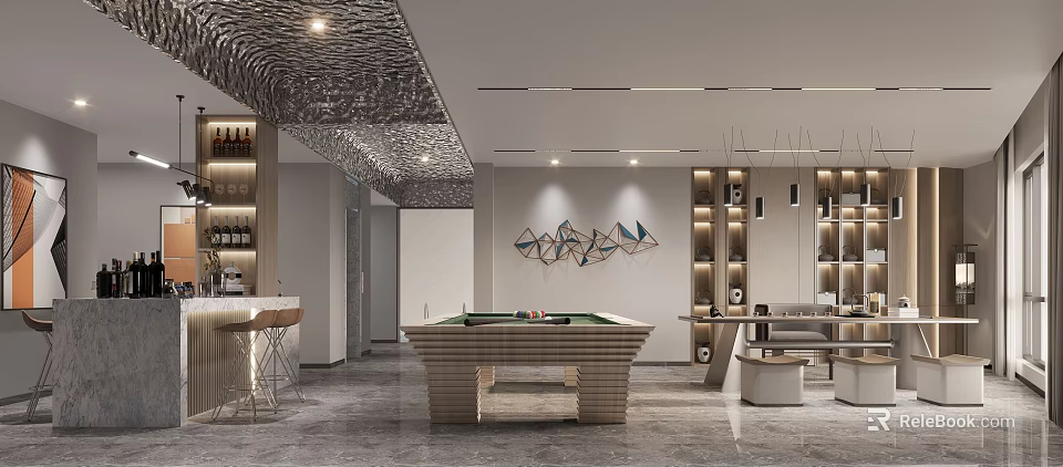 Basement Interior Design With Pool Table Wine Rack Seating Area And Modern Lighting 3d model