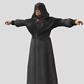 A Man Wearing Black Hooded Robe With Arms Outstretched Standing Isolated On Gray Background