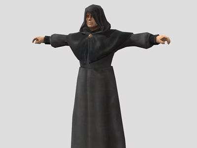 A Man Wearing Black Hooded Robe With Arms Outstretched Standing Isolated On Gray Background 3d model