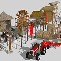 Traditional Rural Agricultural Equipment with Windmill Bamboo Structures Farming Tools Thatched Huts and Storage